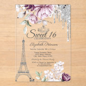 Eiffel Tower,Drips,Lilac Flowers Sweet 16 アクリル招待状 (正面)