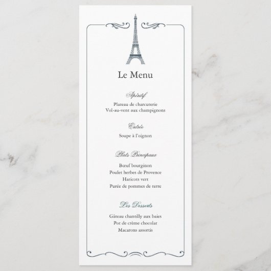 Eiffel Tower Elegant Wedding Menu Card French メニュー (正面)