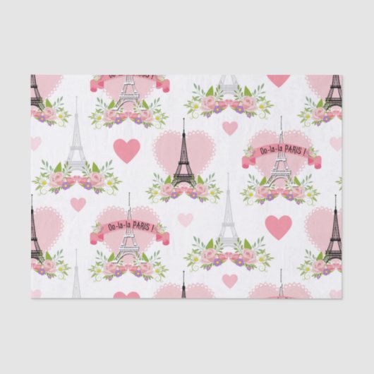 Eiffel Tower Flowers Pink Hearts Paris French 薄葉紙 (正面)
