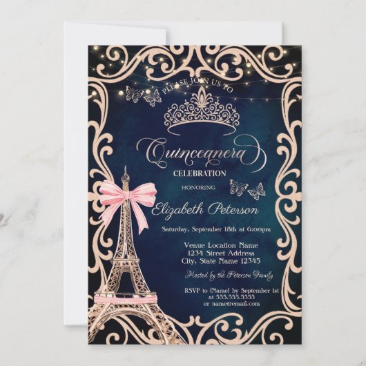 Eiffel Tower Frame Glitter Butterfly Blue  招待状 (正面)