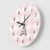 Eiffel Tower French Country Pink Gingham Pattern ラージ壁時計 (傾斜)