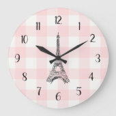 Eiffel Tower French Country Pink Gingham Pattern ラージ壁時計 (正面)