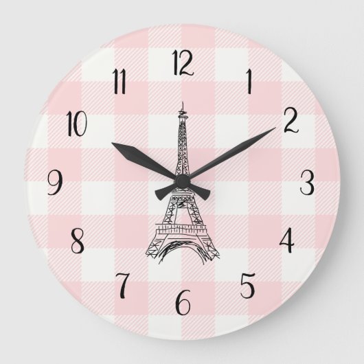 Eiffel Tower French Country Pink Gingham Pattern ラージ壁時計 (正面)