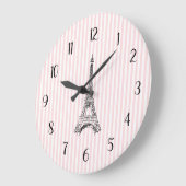 Eiffel Tower French Country Pink Stripe ラージ壁時計 (傾斜)