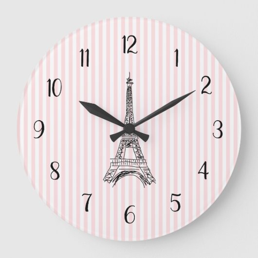 Eiffel Tower French Country Pink Stripe ラージ壁時計 (正面)
