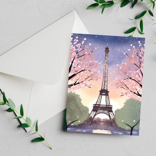 Eiffel Tower in Bloom Paris France Watercolor Card
