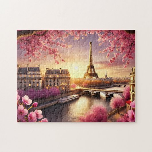 Eiffel Tower Paris France Cherry Blossom Romantic ジグソーパズル (横)