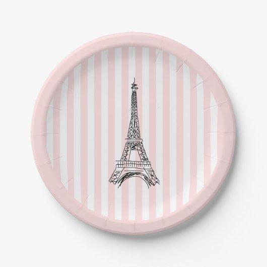 Eiffel Tower Paris Illustration Pink Stripe ペーパープレート (正面)