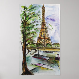 Eiffel Tower Paris Watercolor – River View ポスター