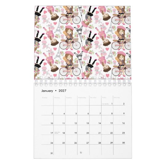 Eiffel Tower Parisian Girl Paris Flower Pink Heart カレンダー (1月 2027)