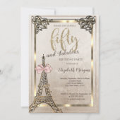 Eiffel Tower,Pink Bow Border 50th Birthday Party  招待状 (正面)