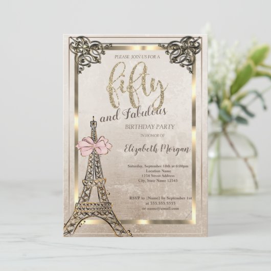 Eiffel Tower,Pink Bow Border 50th Birthday Party  招待状 (スタンド正面)