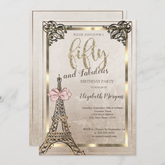 Eiffel Tower,Pink Bow Border 50th Birthday Party  招待状 (正面/裏面)