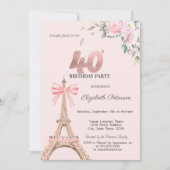 Eiffel Tower Pink Bow Flowers 40th Birthday 招待状 (正面)