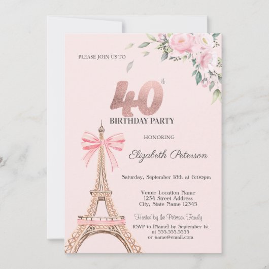 Eiffel Tower Pink Bow Flowers 40th Birthday 招待状 (正面)