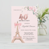 Eiffel Tower Pink Bow Flowers 40th Birthday 招待状 (スタンド正面)