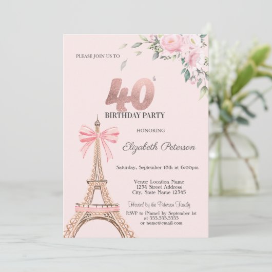 Eiffel Tower Pink Bow Flowers 40th Birthday 招待状 (スタンド正面)