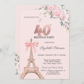 Eiffel Tower Pink Bow Flowers 40th Birthday 招待状 (正面/裏面)