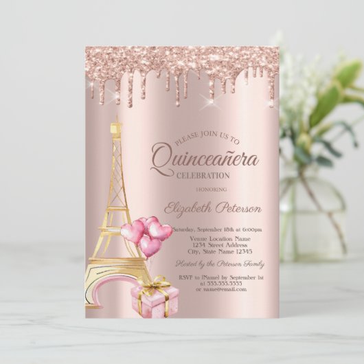 Eiffel Tower Present Balloons Rose Gold Drips  招待状 (スタンド正面)