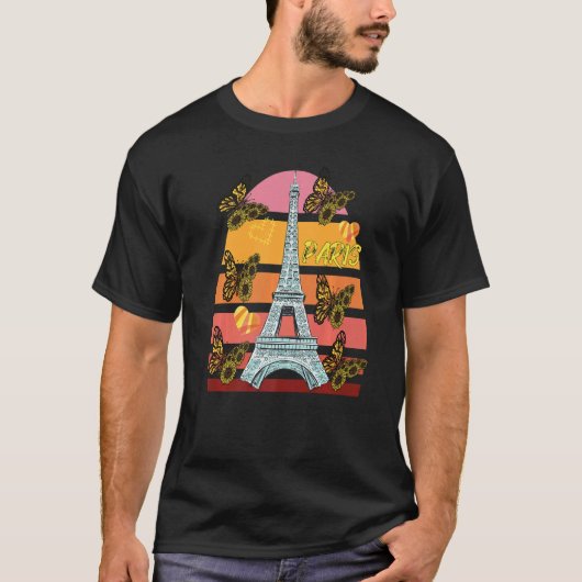 Eiffel Tower Retro Butterfly Paris Hearts France L Tシャツ (正面)