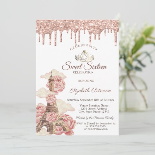 Eiffel Tower Rose Gold Glitter Drips Sweet 16 招待状 (スタンド正面)