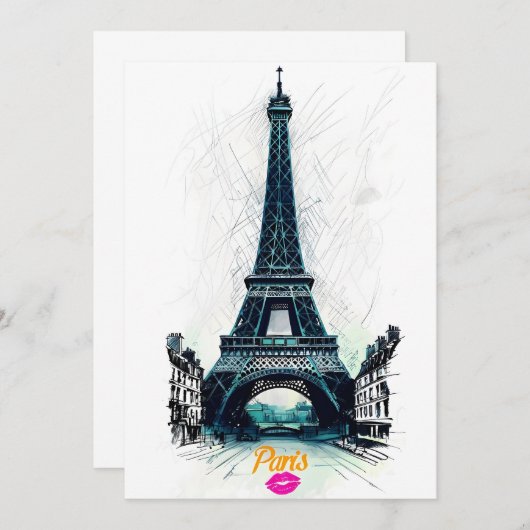 Eiffel Tower Sketch Print, Line Drawing, Paris 招待状 (正面/裏面)