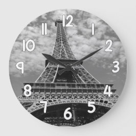 Eiffel Tower Wall Clock – Black and White Paris Ho ラージ壁時計