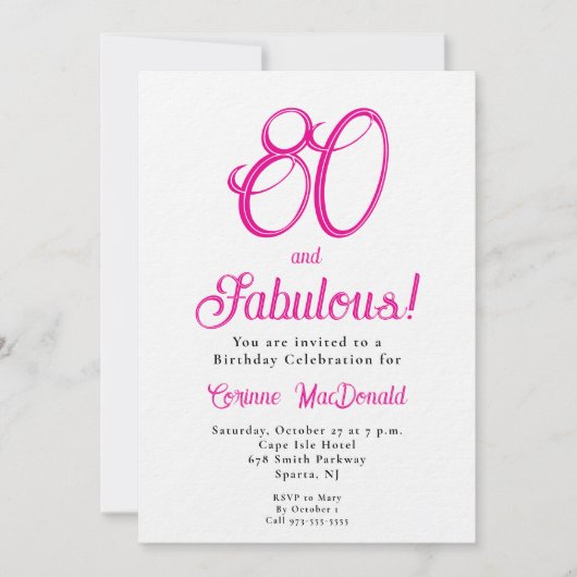 Eight and Fabulous Script Pink 80th Birthday Party 招待状 (正面)