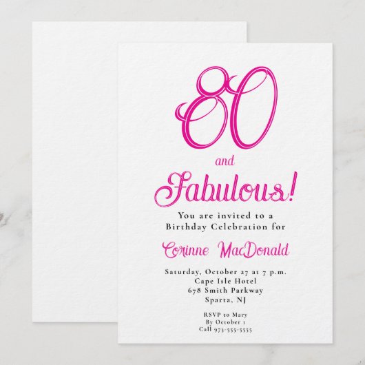 Eight and Fabulous Script Pink 80th Birthday Party 招待状 (正面/裏面)