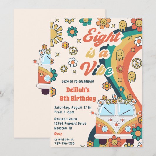 Eight Is A Vibeレトロフローラ8th誕生日パーティー 招待状 (正面/裏面)