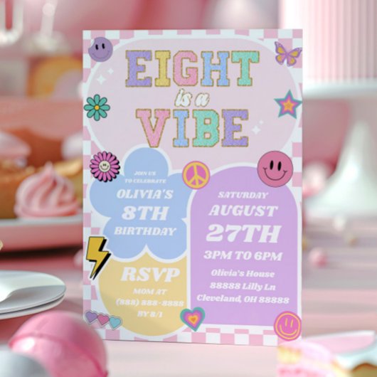 Eight Is A Vibe 名門私立校風の Patch 8th Birthday Party 招待状