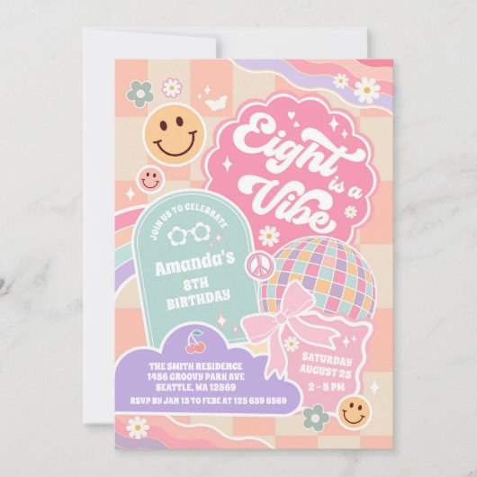 Eight Is A Vibe Cloud Rainbow Disco 8th Birthday  招待状 (正面)