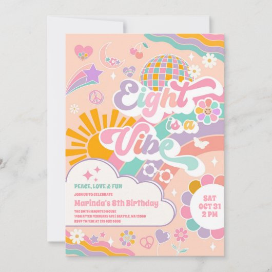 Eight Is A Vibe Sun Rainbow Disco 8th Birthday  招待状 (正面)