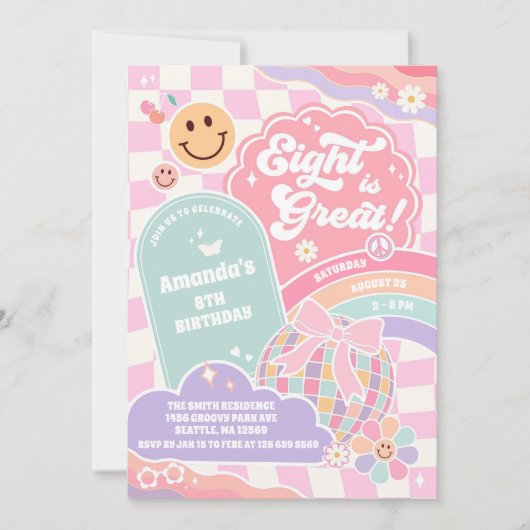 Eight Is Great Cloud Rainbow Disco 8th Birthday 招待状 (正面)