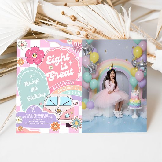  Eight is Great Rainbow Daisy Birthday 招待状