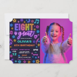 Eight Is Neon 素晴らし Glow 8th Birthday Party Photo 招待状