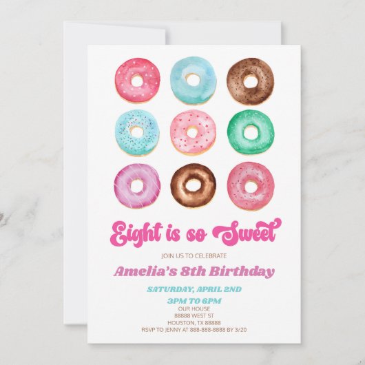 Eight Is Sweet Donut 8th Birthday Party 招待状 (正面)