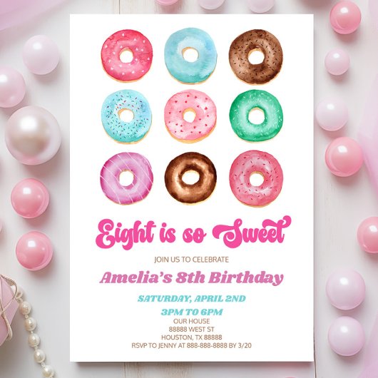 Eight Is Sweet Donut 8th Birthday Party 招待状