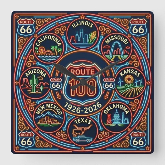 Eight State Neon Route 66 Centennial 1926-2026 スクエア壁時計 (正面)