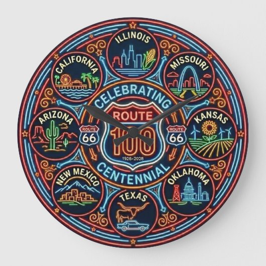 Eight State Route 66 Centennial Neon ラージ壁時計 (正面)