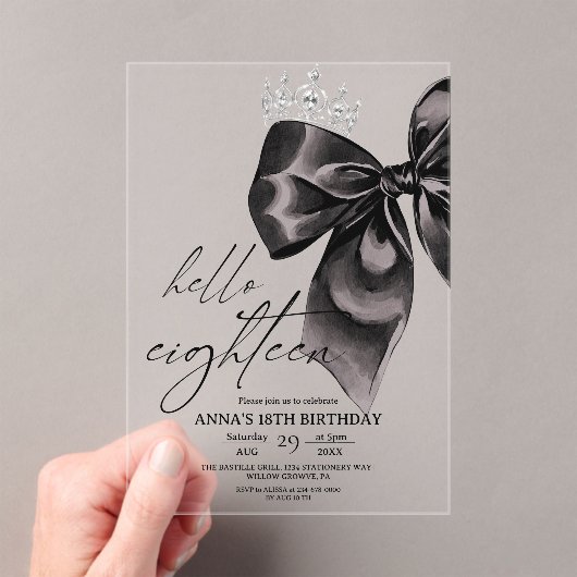 Eighteen Black Bow 18th Birthday Invitation アクリル招待状 (インサイチュ (ポータブル))