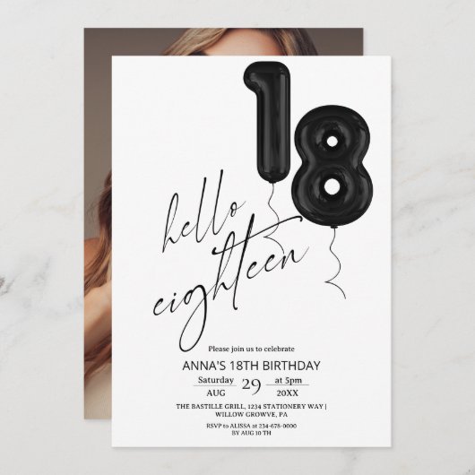 Eighteen Minimal Modern Black White 18th Birthday  招待状 (正面/裏面)