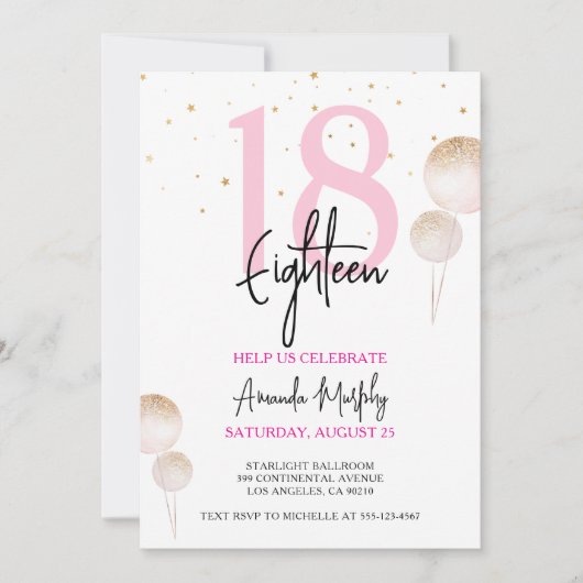 Eighteenth Birthday Invitation Pink Gold Glitter 招待状 (正面)