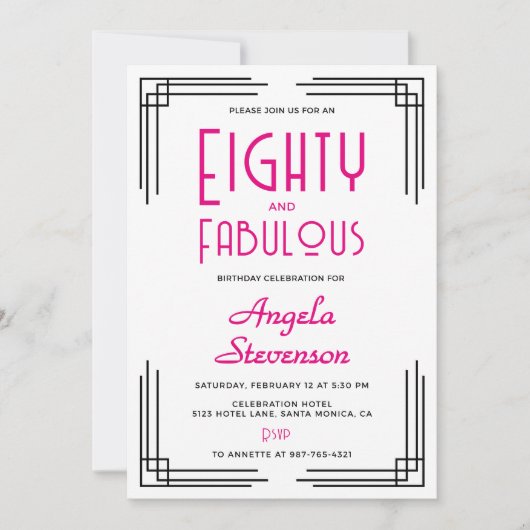 Eighty and Fabulous Pink Art Deco 80th Birthday 招待状 (正面)
