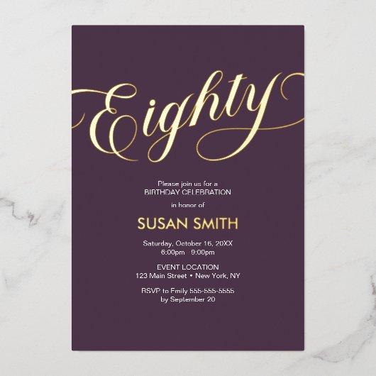 Eighty Birthday Elegant Invitation Foil Invitation 箔招待状 (正面)