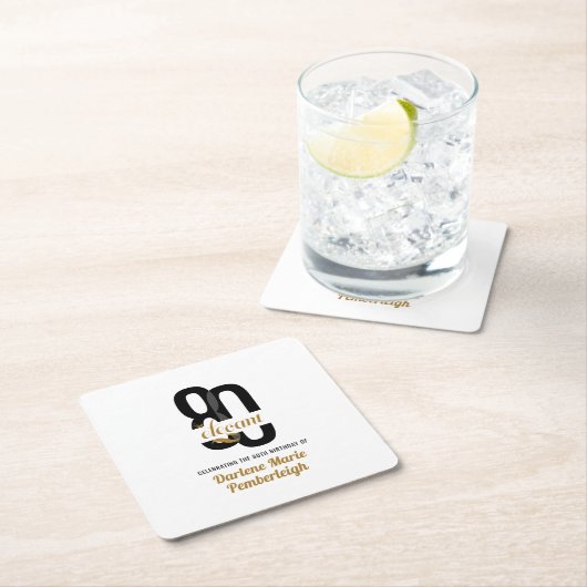 Eighty & Elegant Black Gold 80th Birthday Party スクエアペーパーコースター (インサイチュ)