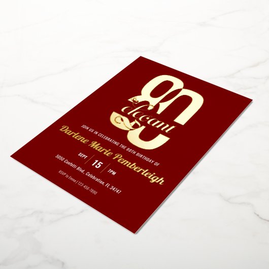 Eighty & Elegant Peony 80th Birthday Ruby Red Gold 箔招待状 (回転した状態)