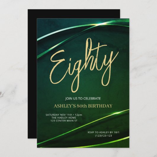 Eighty Emerald Green and Gold 80th Birthday 招待状 (正面/裏面)