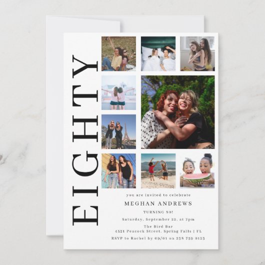 Eighty Photo Collage 80th Birthday Party 招待状 (正面)