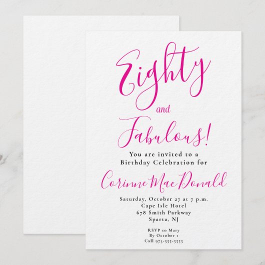 Eightyand Fabulous Script Pink 80th Birthday Party 招待状 (正面/裏面)